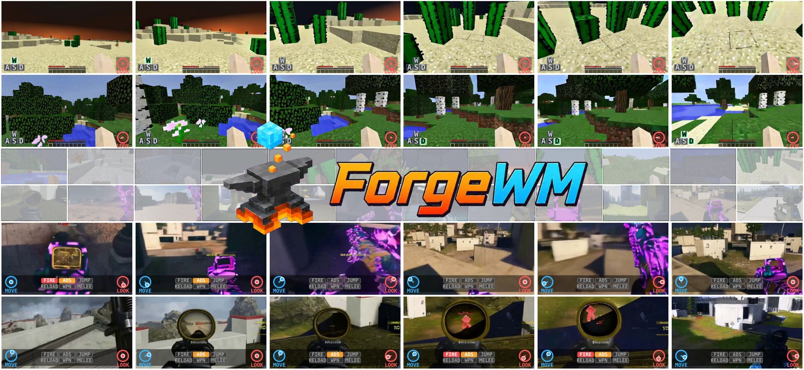 ForgeWM生成Minecraft与第一人称射击场景的连续操作画面